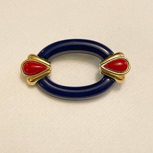 Vintage Navy Blue, Red and Gold Oval Brooch